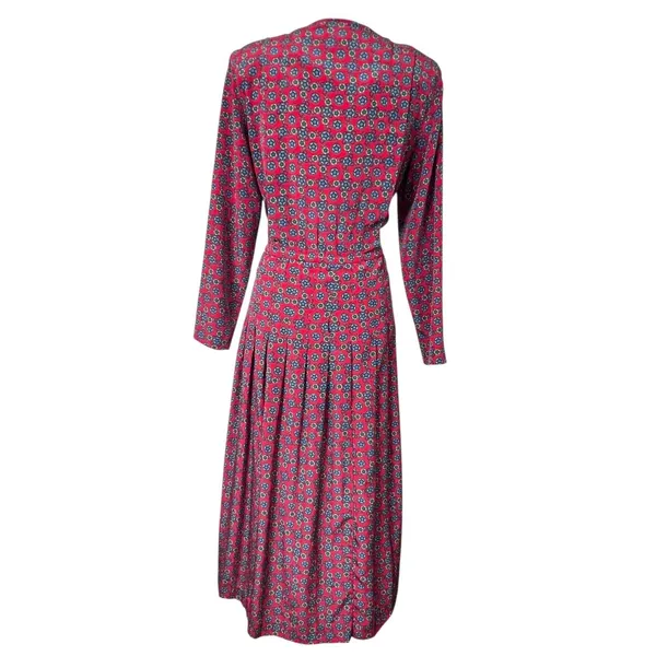 Vintage Talbots Medallion Print Midi Dress Gold Crest Button Long‎ Sleeve Red 6 - Image 4