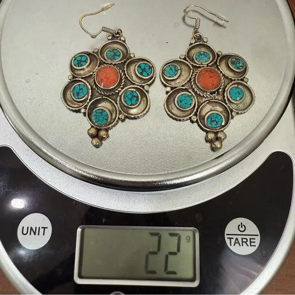 Vintage Silver-tone Turquoise & Coral Tibetan Style Flower Dangle Earrings 22g. - Image 12
