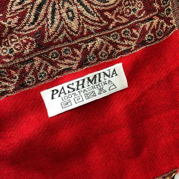 Pashmina Scarf Wrap Rectangle Paisley Fringe Boho Red Gold 68x27 - Image 3