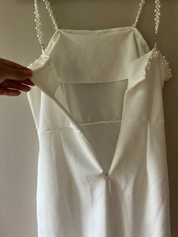 White Mini Dress Sz S - M Bandeau neckline decorated with faux pearls straps - Image 7