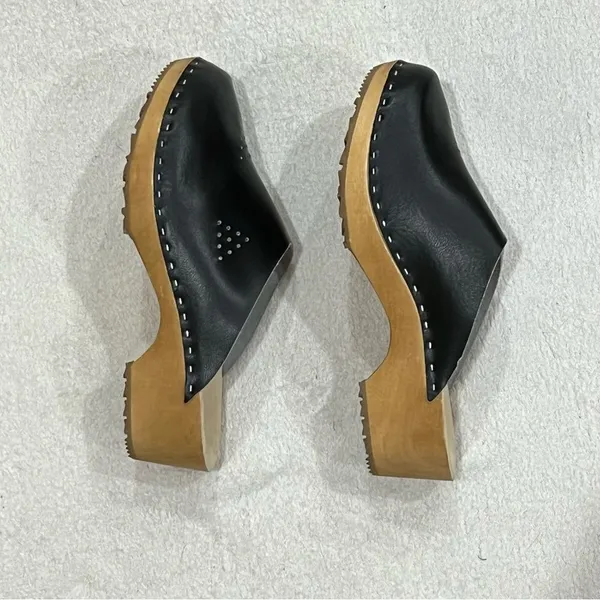Marcus Black Leather Wooden Swedish Clogs Size 36 - Image 6