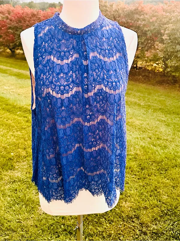 Love, Fire Royal Blue Mock Neck Lace Sleeveless Blouse - Image 2