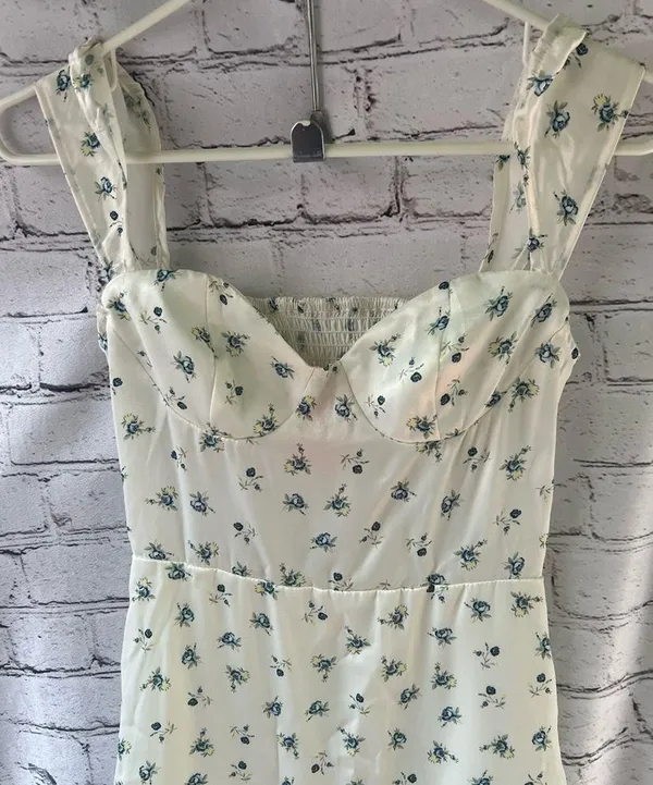 Cottagecore Ivory and Blue Floral Maxi Dress with Bustier Style Top XS - Image 3
