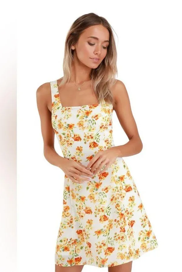 Lulus Day Date Tie Back White Orange Floral Mini Dress Womens Size Large New - Image 4