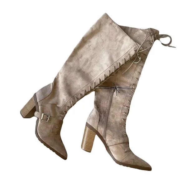 NEW Charles David Dysfunctional Leather Stacked Heel Knee-High Boots Suede - Image 4