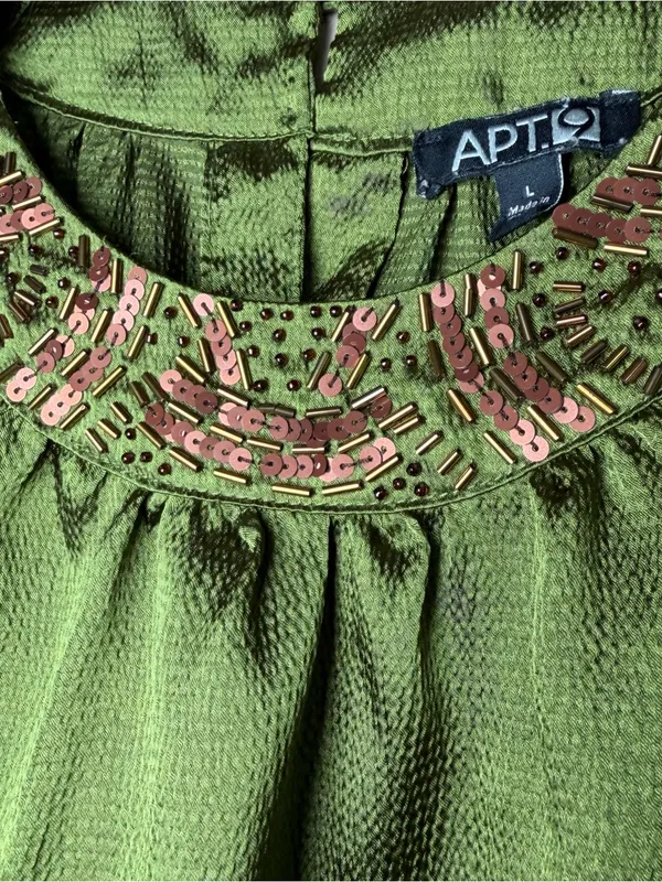Y2K Apt. 9 Olive Green Satin Sleeveless Top Halter Beaded Sz Large Whimsygoth - Image 6