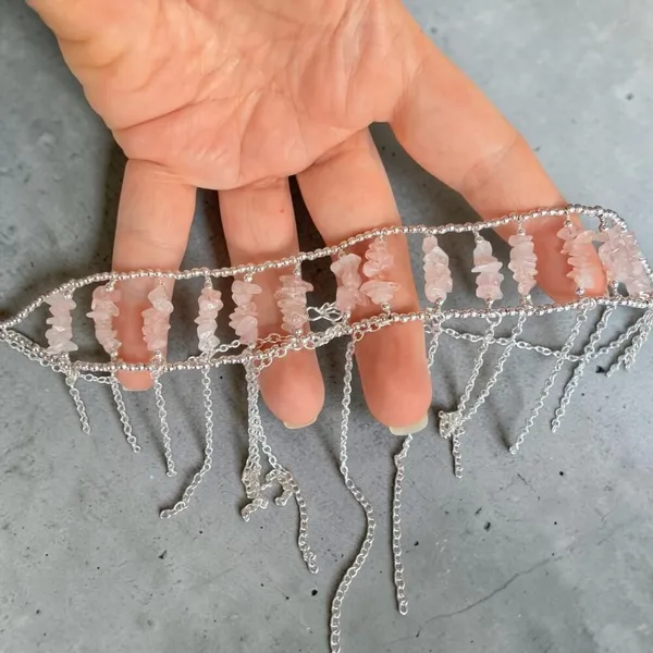 Rose Quartz Fringe Choker Necklace 925 Silver Plated - Image 7