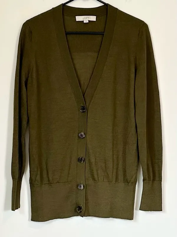 LOFT Olive Green V-Neck Button Wool Blend Cardigan - Size: Medium - Image 2