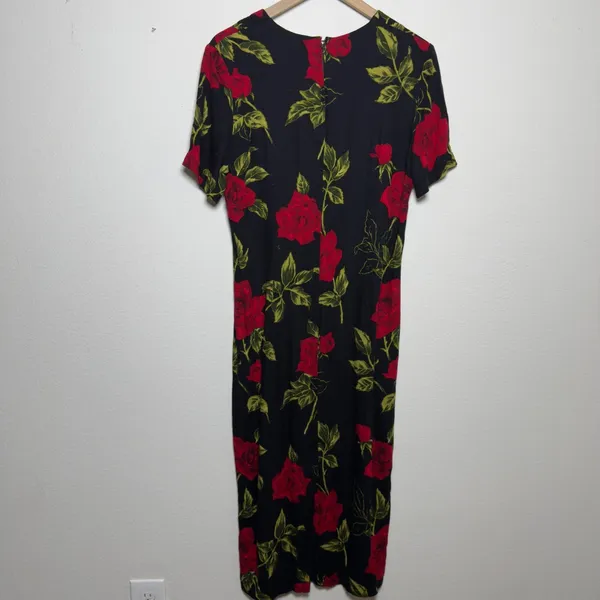 VTG 90s WNY Women Indie Fairy Grunge Maxi‎ Dress Medium Black Roses Short Sleeve - Image 9