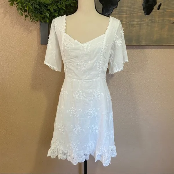 NWOT Lulus Morning in Mallorca White Cotton Eyelet Short Sleeve Mini Dress - Image 8