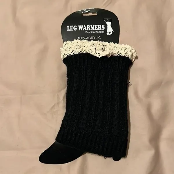 NWT boot cuffs leg warmers black with ecru lace trim - Image 2