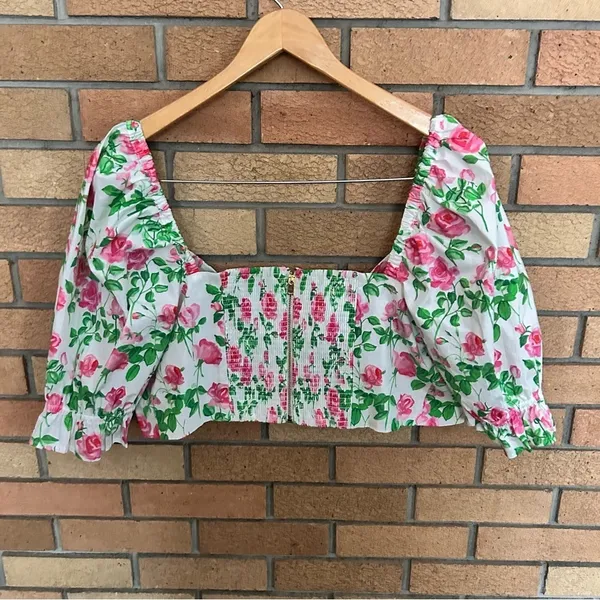 Hill House The Isabella Top Puff Sleeve Tie Front Cropped Pink Roses Size XL - Image 6