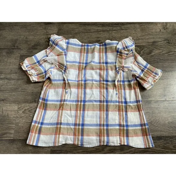EUC Womens Madewell V‎ Neck Shoulder Ruffle Top In Plaid Short Sleeve Size L - Image 4