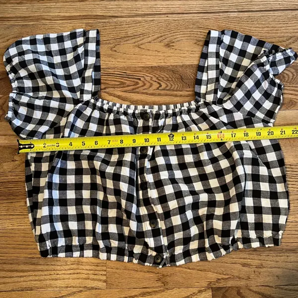 Madewell Puff Sleeve Button Front Crop Top Gingham Linen‎ Blend Black White XL - Image 5