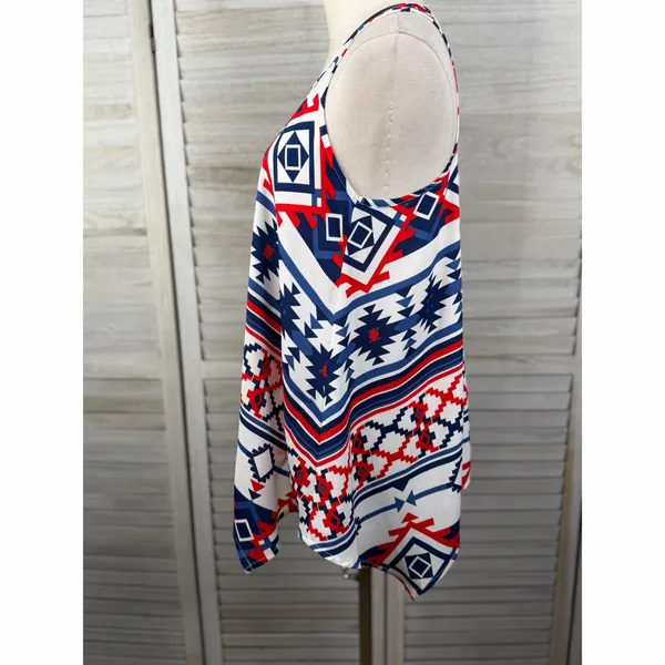 XHILARATION Southwestern Handkerchief Hem Flowy Tank Top White Red Blue-Medium - Image 2