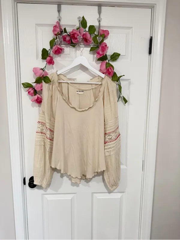 Free People We The Free Lace Sleeve Thermal Boho Peasant Top Cream Small - Image 2