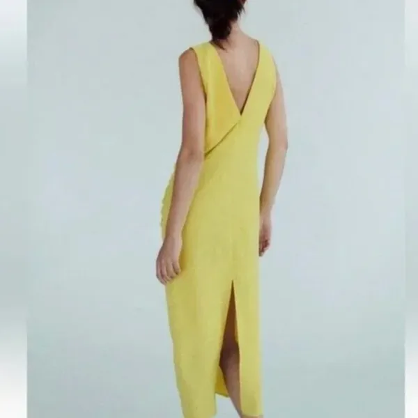 NWOT Zara Center Ruched Detail V-Neck Wide Straps Yellow Midi Dress Small - Image 8
