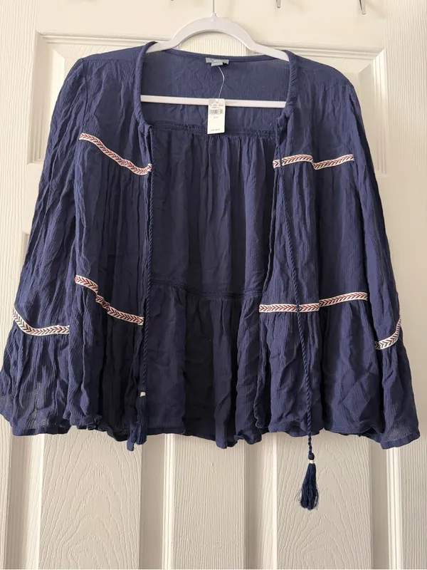 Aerie NWT Navy Boho Bell Sleeve Tassel Top Medium - Image 3