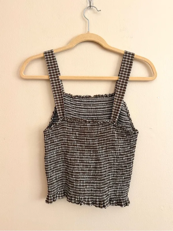 Sanctuary Brown Gingham Plaid Smocked Crop Tank Top Size Medium - Image 6