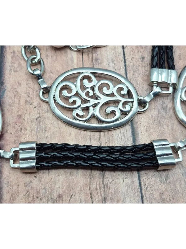Ladies Silver Tone & Black Braided Faux Leather Chain Belt Swirl Size S Western - Image 4