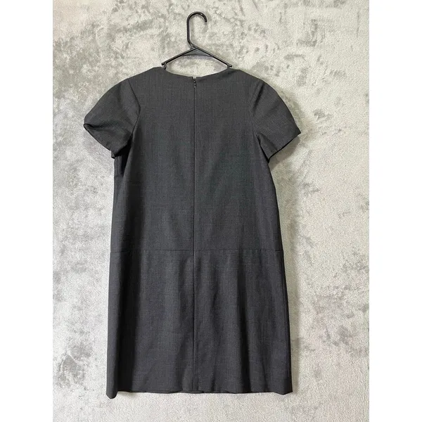 Theory Wool Crepe Sheath Mini Dress Gray Pleated Cap Sleeve Career Office Size 8 - Image 4