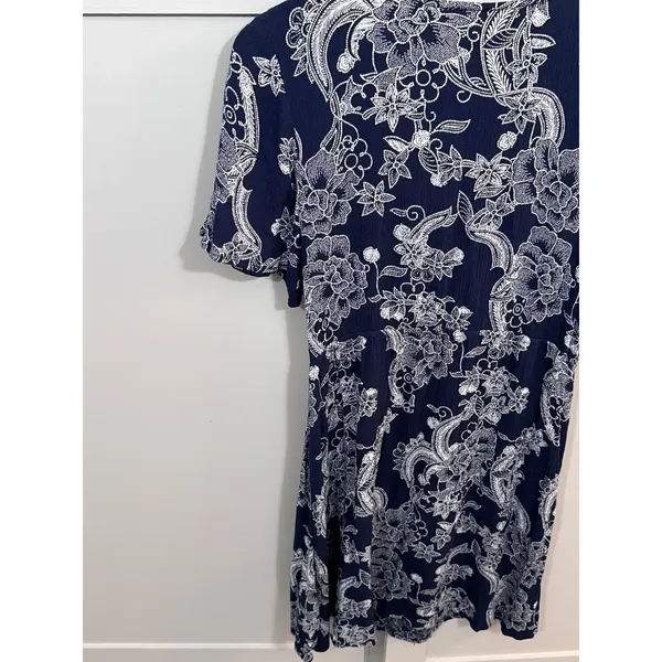 Roxy Navy Blue White Floral Paisley Tie Front Mini Dress Large Short Sleeve - Image 4