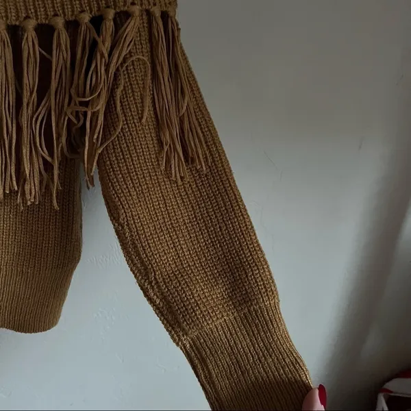 Angashion Off Shoulder‎ Fringe Gold Sweater - Image 4