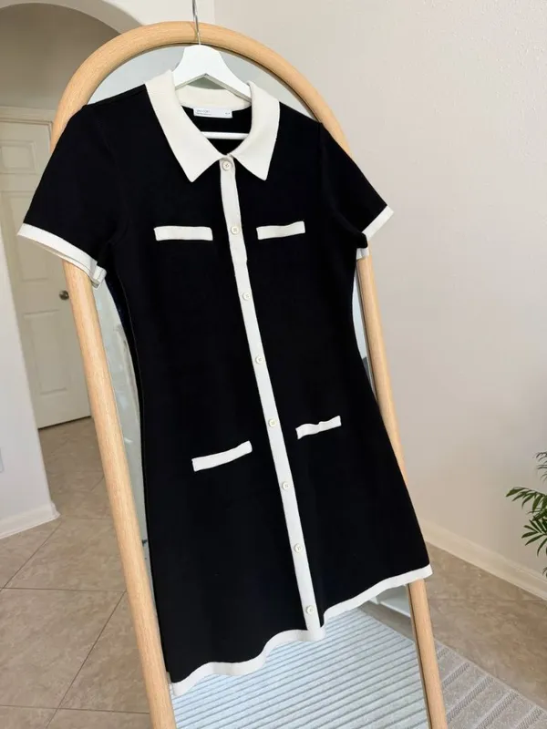 OAK + FORT Collared Contrast Trim Knit Mini Dress Black White M - Image 5