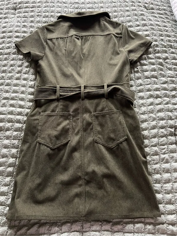 Amazon Olive Green Short Sleeve Belted Knit Dress with Zip - Image 3