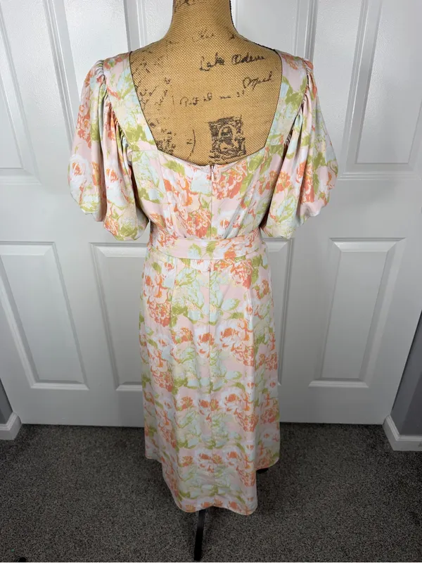 Gibson Latimer Floral Puff Sleeve Midi Dress Belted Size L - Image 7