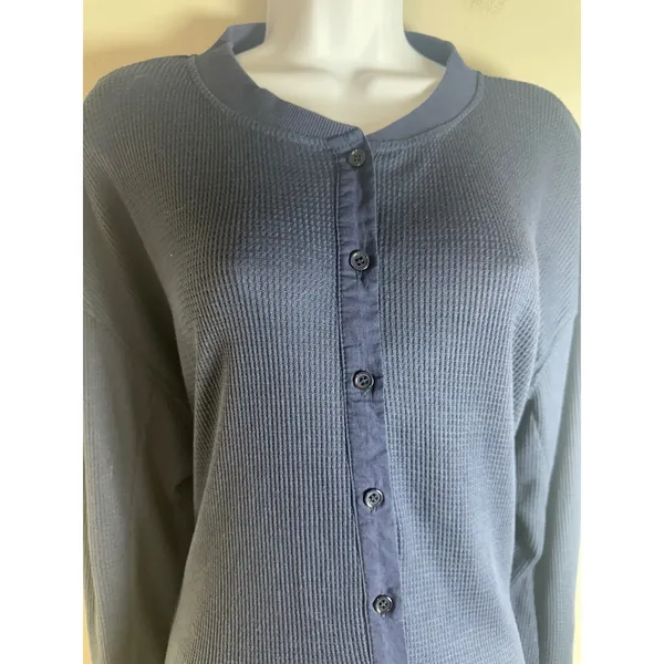 Sohana Women Navy Blue Waffle Knit Henley Button Down Cardigan Sweater Large - Image 2