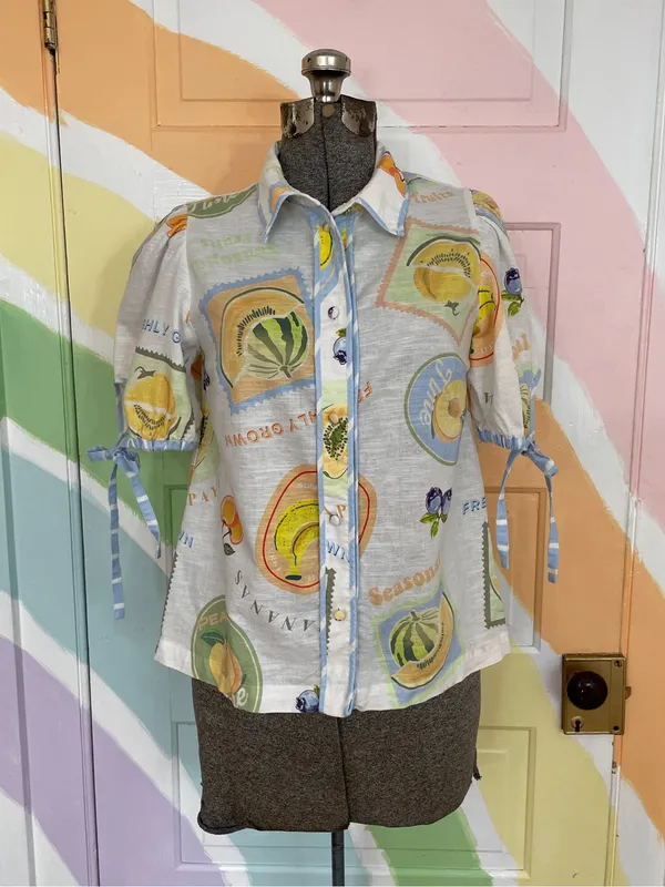 Prosperina Clementine Multi Print Cotton Linen Button Front Tie Sleeve Top 💛🎀 - Image 5