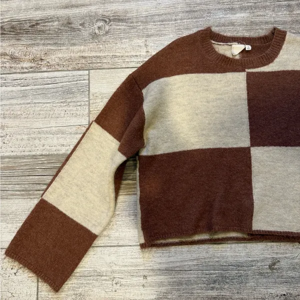 White Crow Checkered Tan & Cream Crew Neck Sweater - Image 2