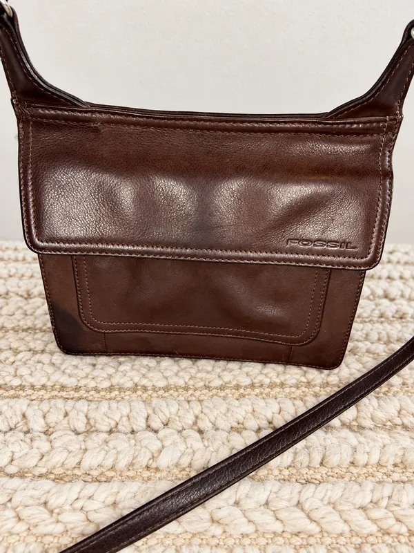 Vintage Fossil Brown Leather Organizer Crossbody Bag Wallet Purse Y2K - Image 2
