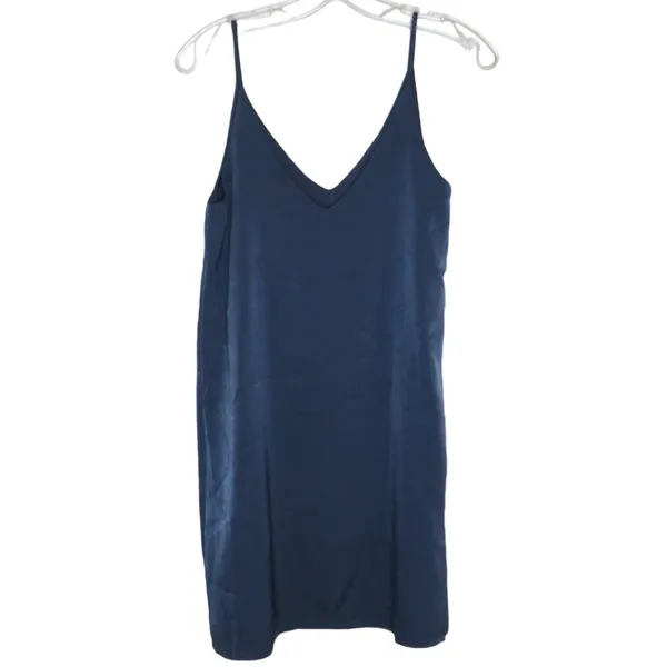Aqua Satin Tunic Mini Dress, V-Neck Flowy Spaghetti Straps, Party Navy Blue XS - Image 2