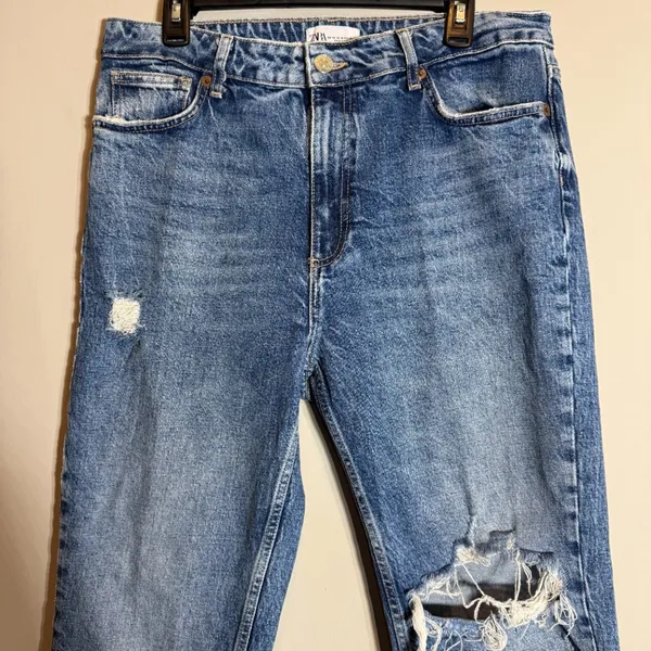 Zara TRF High Rise Distressed Straight Leg Denim Jeans Women's 14 Blue Raw Hem - Image 6