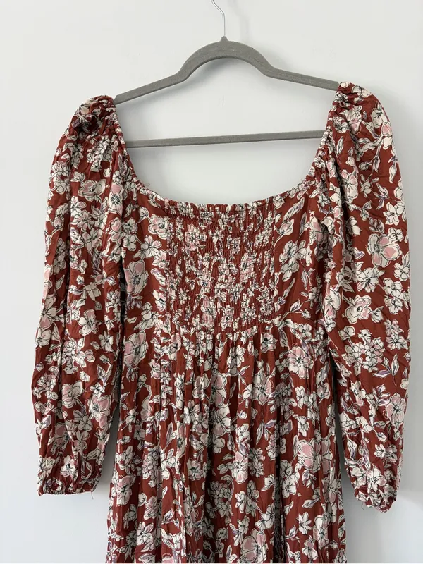 Altar’d State Rust Brown White Floral Peasant Square Neck Long Sleeve Midi Dress - Image 5