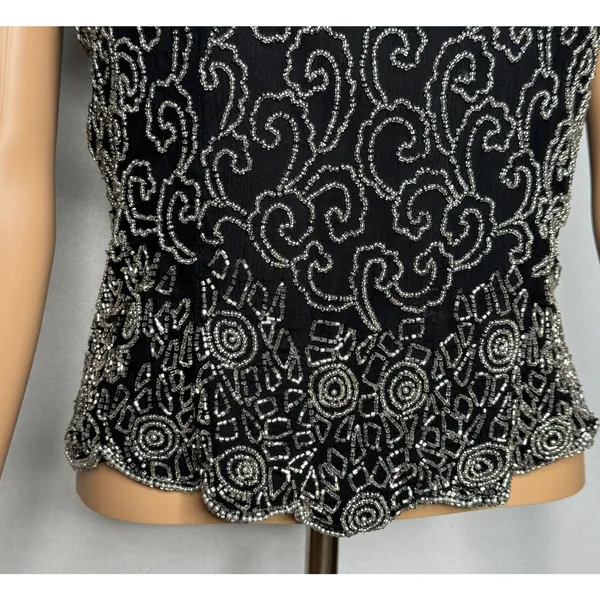 Vintage 1980s Papell Boutique Black Silver Beaded Silk Evening Top Small - Image 7