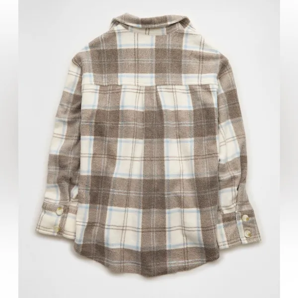 American Eagle Oversized Plaid Shirt‎ Jacket Fleece Brown White Blue Size Medium - Image 2