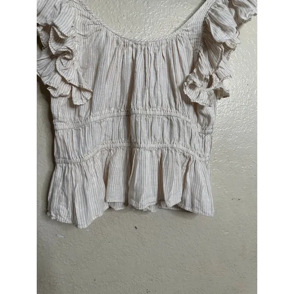 Ulla Johnson 100% Linen Ruffle Sleeve Smocked Peplum Top Ivory Stripe size 6 - Image 8
