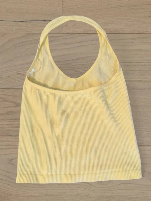 Suzette Collection Yellow Ribbed Halter Crop Top - Image 2