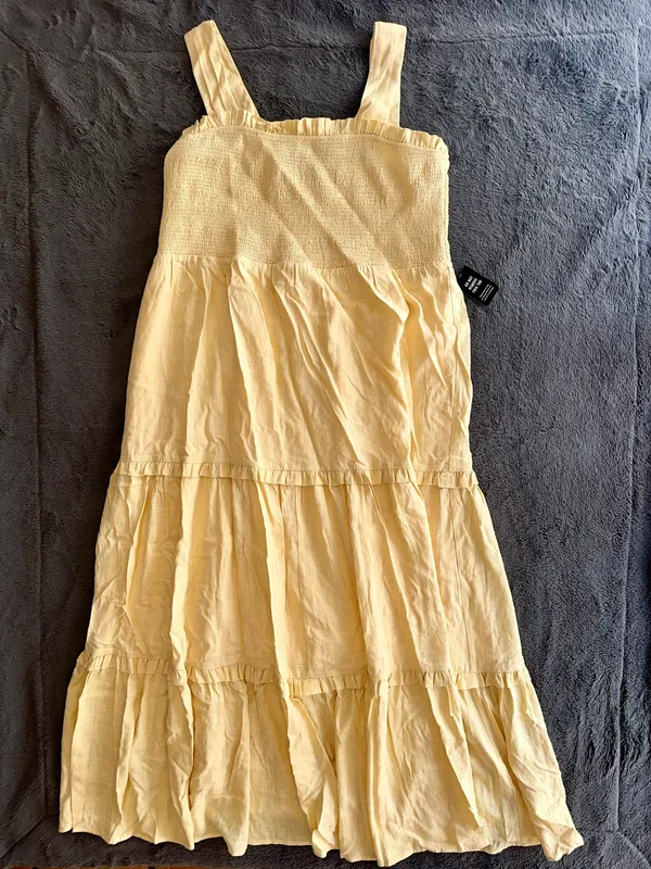 Express Linen-Blend Square Neck Smocked Tiered Maxi Dress - Image 3