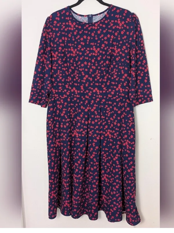 Navy Red Floral Fit & Flare Midi Dress XXL 3/4 Sleeve Pockets Plus - Image 3