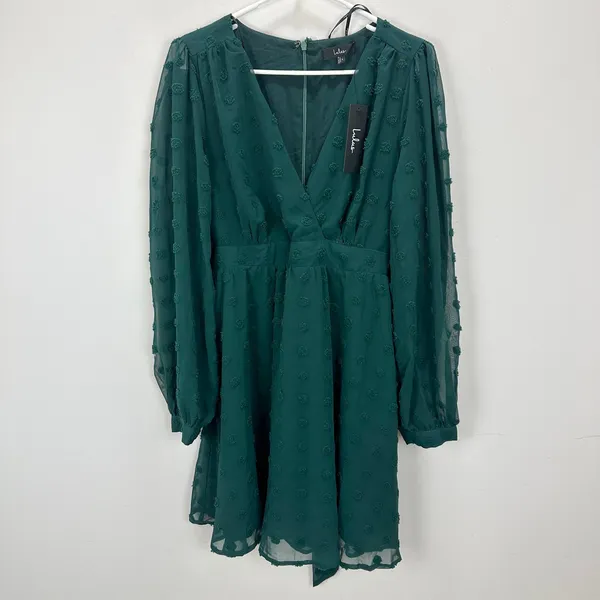 Lulus Always on Repeat Emerald Green Clip Dot Long Sleeve Mini Dress Large NWT - Image 5