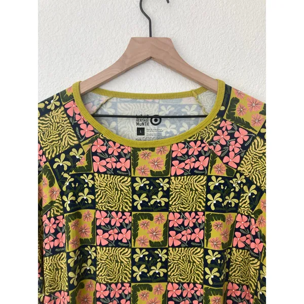 Target Latino Heritage Month Green Pink Boho Naturecore Floral Patchwork T-Shirt - Image 2