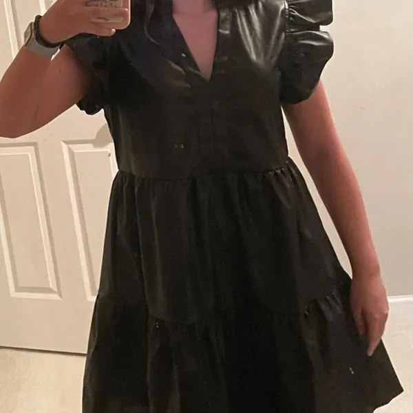 Black Leather Dress with Layers and Flutter Sleeves - Image 2