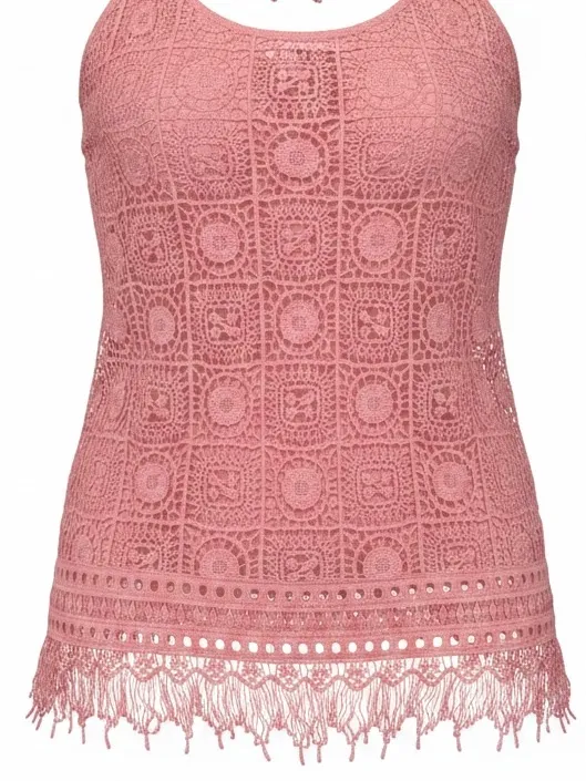 Rue 21 Pink Crochet Fringe Tank Top Boho Festival Beach Cami Lined L - Image 2