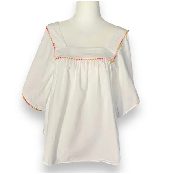 Madewell‎ White Cotton Pom PomTrim Blouse Medium Boho Festival Butterfly Top - Image 12