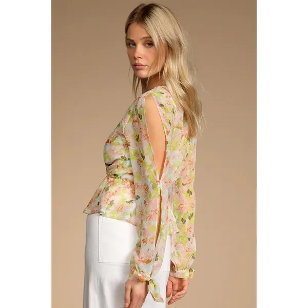 Lulus Spring Vibes White Floral Print Cutout Long Sleeve Peplum Top XL - Image 2