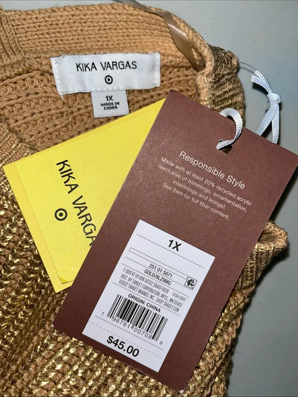 Kika Vargas NWT Size 1X Tan - Metallic Gold Open Back Tie Closure Sweater Top - Image 4